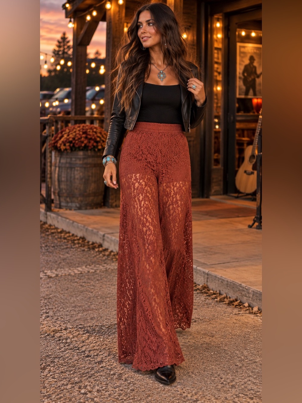 Blakeley Lace Wide-Leg Pants - Rust
